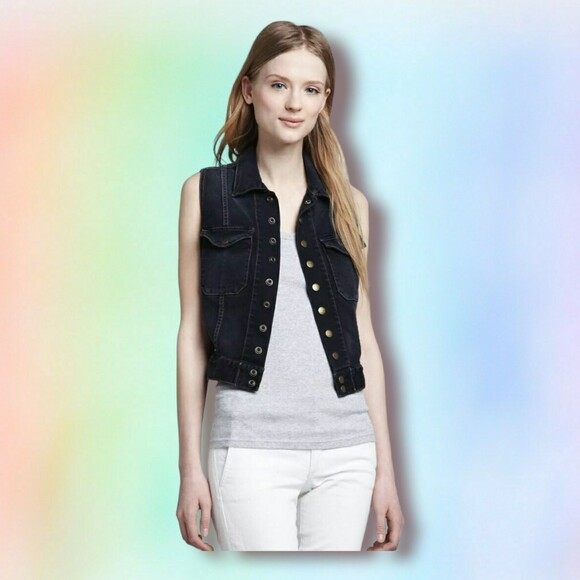 Current/Elliott Blue denim vest‎ 0 The Sleeveless Snap Black lace back overlay - Picture 1 of 9